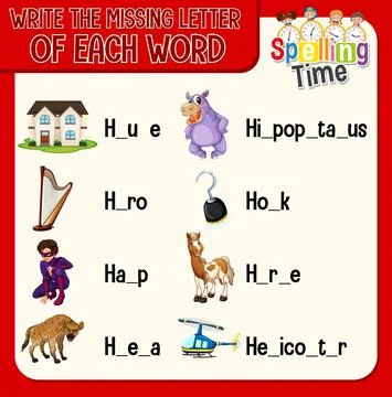 Write the missing letter of each word worksheet for children Ilustración de archivo