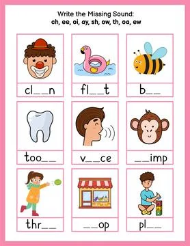Write the missing sounds phonics worksheet. Choose the correct spelling rule for Stock Illustration