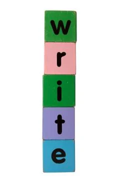 Write in text on toy blocks Stock Photos