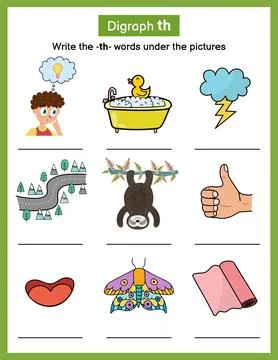 Write -th- sound missing words phonics worksheet. Find words with the correct Stock Illustration