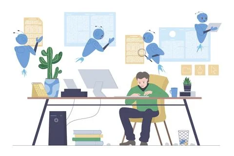 Writer and robots assistants write article text, create blog post content using 스톡 일러스트