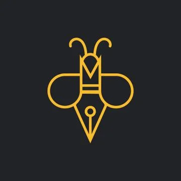 Writer Bee logo. pen with bee concept with Monoline style logo design Stock Illustration