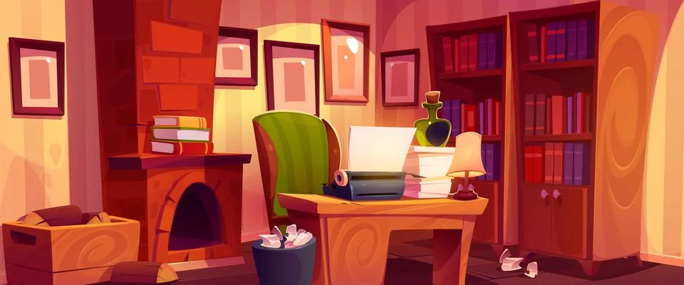 Writer cabinet with typewriter, crumpled papers Stock Illustration