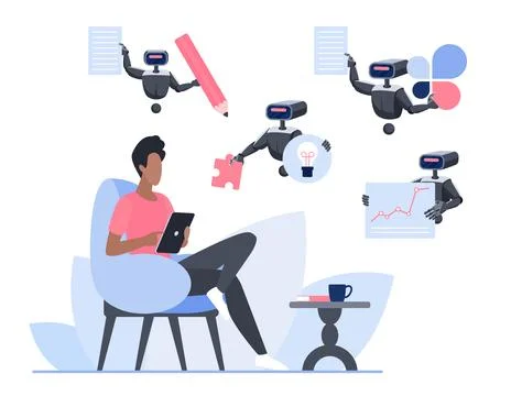 Writer Collaborating with Chatbots Concept Stock Illustration