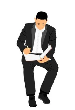 Writer man writes note with pencil in notebook vector illustration Stockillustratie