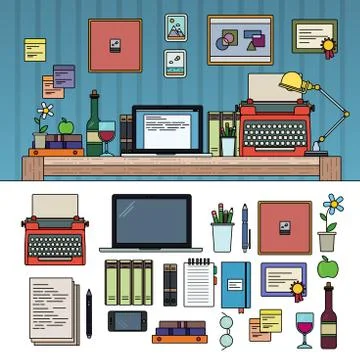 Writer or journalist work space on white background Stock Illustration