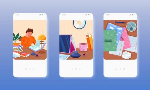 Writer, student writing, working, studying. Mobile app screens, vector website 库存插图