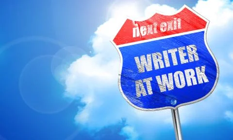 Writer at work, 3D rendering, blue street sign Stock Illustration