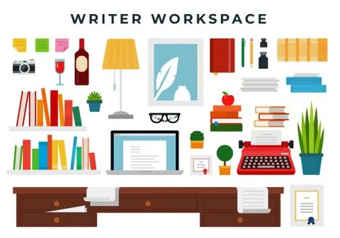 Writer working place, set of flat style elements. Writer cabinet interior Stock Illustration