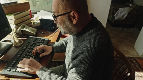 Writer Working at Retro Computer with Cigarette and Vintage Home Office Stock-Footage 337765267