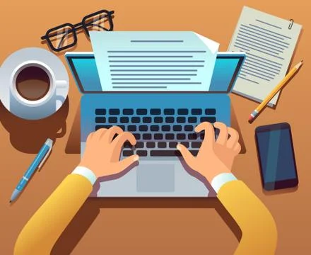 Writer writes document. Journalist create storytelling with laptop. Hands typing Stock Illustration
