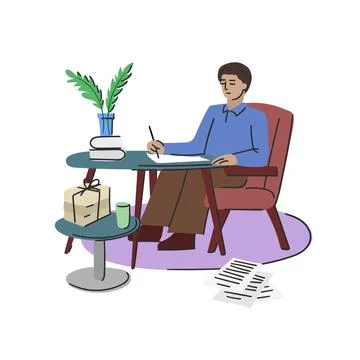 Writer writes a novel while sitting at a round table in a comfortable easy chair Stock Illustration