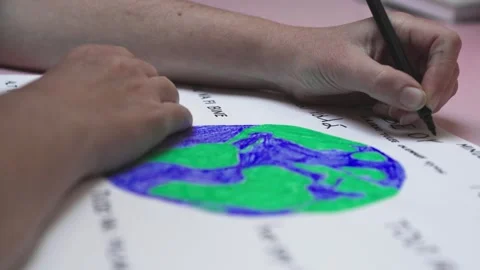 Writing 'all will be ok' around earth drawing for global hope Видео 279436881