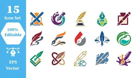 Writing and calligraphy creative tool icons with calligraphy creative fountai Stock Illustration
