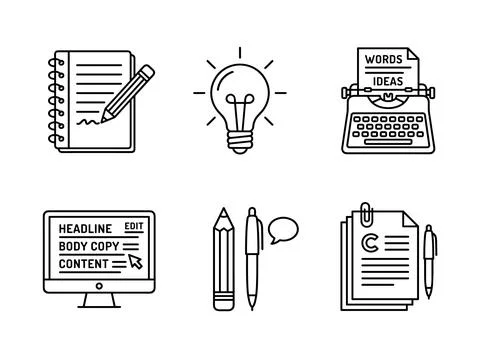 Writing and content creation icons set: notebook with pencil, light bulb id.. Stock Illustration