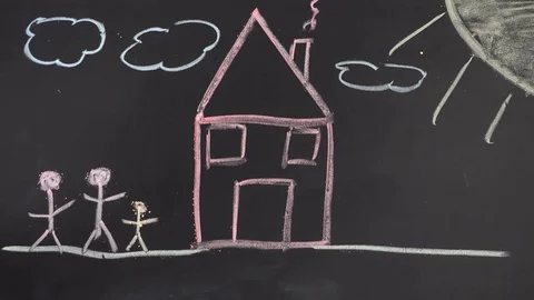 Writing and drawing concept house, happy family, sun on chalkboard. Wipe off the Stock Footage 84037241