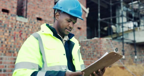 Writing, architect or man with checklist for construction, property framing or Stock Footage 336796803