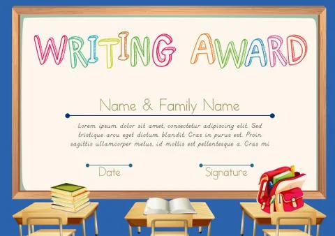 Writing award with classroom background Stock Illustration