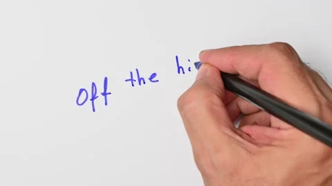 Writing with a blue marker the sentence: Off the hinge Stock Footage 221782615