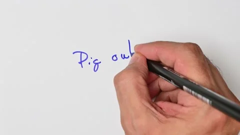 Writing with a blue marker the sentence: Pig out Stock Footage 221782013
