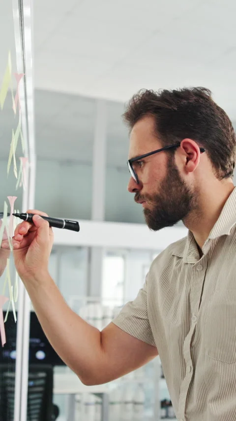 Writing, board and sticky note with business man in office for mind map Stock Footage 335384034