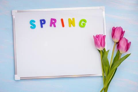 Writing board with spring text Stockfoto's