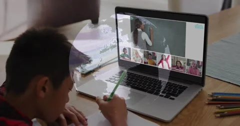 Writing boy in red-top using green-pencil at home while teacher writing board, Stock Footage 331614129