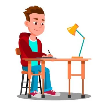 Writing Boy At The Table With Desk Lamp Vector. Isolated Illustration Stock-Illustration