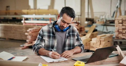 Writing, carpenter and laptop with man in workshop for woodworking inventory, Video stock 338315536