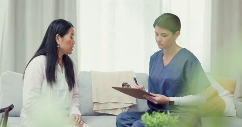 Writing, checklist or nurse consulting woman medical report results or news Stock Footage 237508012