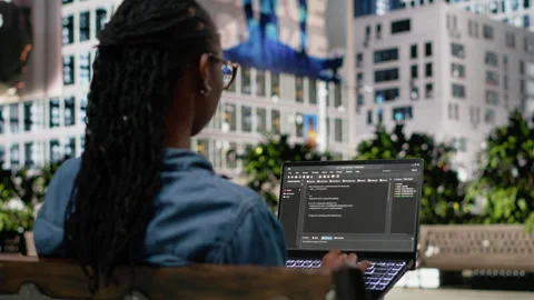 Writing code on laptop, implementing programming language, software developer Video stock 334172426