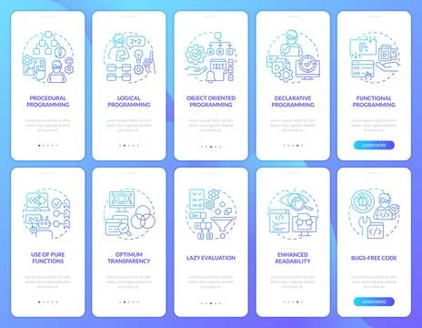 Writing code patterns blue gradient onboarding mobile app screen set 스톡 일러스트