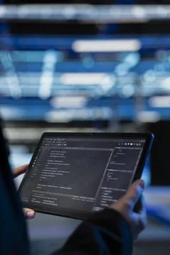 Writing code, tablet closeup and computer scientist in data center Stock Photos