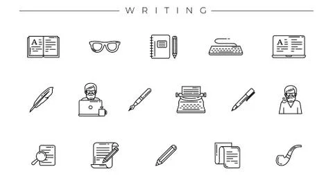 Writing concept line style vector icons set Stock Illustration