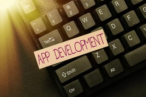 Writing displaying text App Development. Word Written on producing computer Fotos de archivo