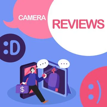 Writing displaying text Camera Reviews. Word for examine or assess formally with Stock Illustration