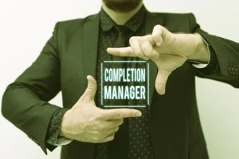 Writing displaying text Completion Manager. Word Written on oversees all aspects Stock Photos