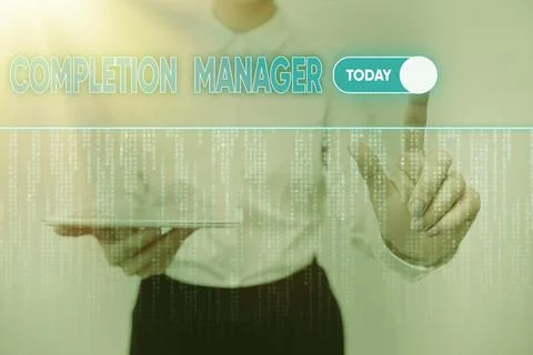 Writing displaying text Completion Manager. Business overview oversees all Stock Photos