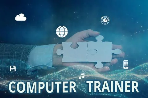 Writing displaying text Computer Trainer. Word for instruct and help users Stock Photos