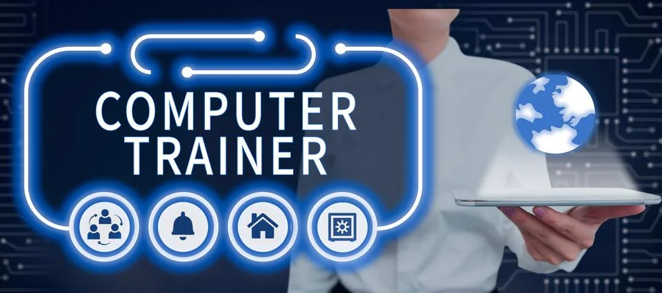 Writing displaying text Computer Trainer. Business showcase instruct and help Foto stock