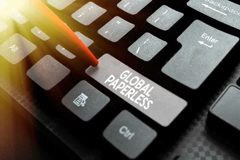 Writing displaying text Global Paperless. Business approach going for technology Stock Photos