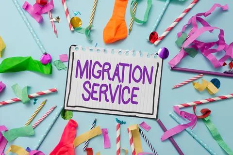 Writing displaying text Migration Service. Business idea moving of company data Stock Photos