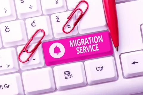 Writing displaying text Migration Service. Word for moving of company data to a Stock Photos