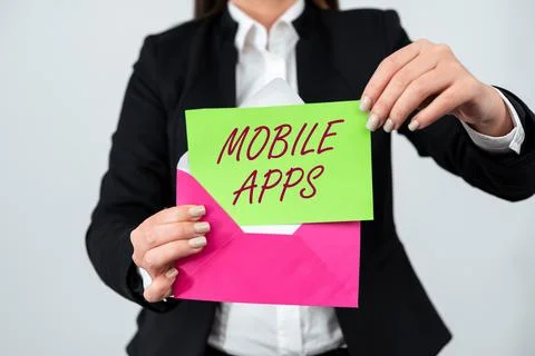 Writing displaying text Mobile Apps. Business showcase a software application Foto stock