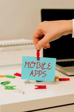 Writing displaying text Mobile Apps. Business overview a software application 스톡 사진