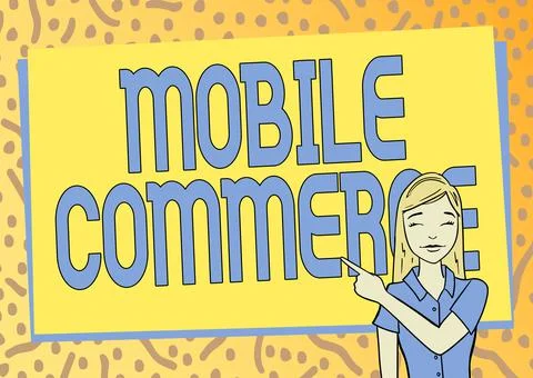 Writing displaying text Mobile Commerce. Word for Using mobile phone to conduct Illustrazione stock
