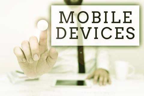 Writing displaying text Mobile Devices. Business approach A portable computing 스톡 사진