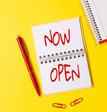 Writing displaying text Now Open. Word Written on leave door or windows not Stock Photos