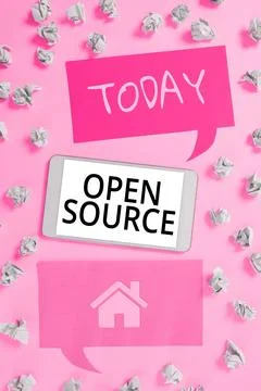 Writing displaying text Open Source. Concept meaning denoting software which Stockfoto's
