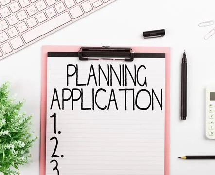 Writing displaying text Planning Application. Business idea request to a local Foto stock